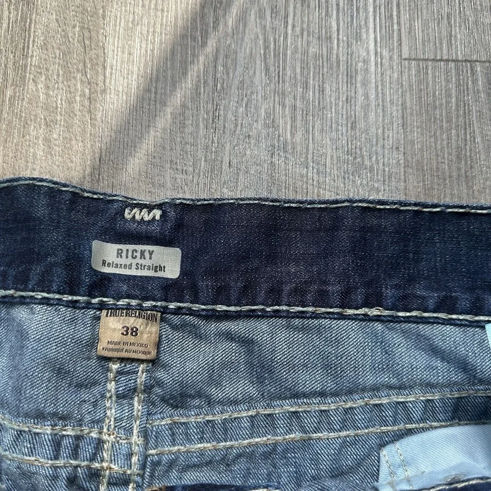 True Religion Jeans Mens 38x32 Blue Ricky Big T Flap Pocket Thick Stitch Y2K Mb3